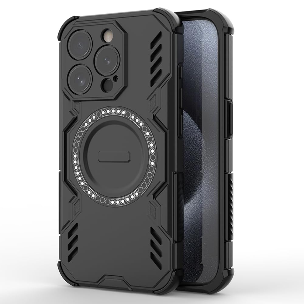 amazon basics Rugged Armor Case for Apple iPhone 15 Pro | Compatible with MagSafe | Military-Grade Shockproof Protection PC-TPU Cover for Apple iPhone 15 Pro (Black)