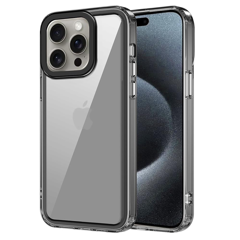 amazon basics Rugged Transparent Back Cover for Apple iPhone 15 Pro | PC + TPU Hybrid Case | Shockproof | Camera Protection | Slim & Durable for Apple iPhone 15 Pro (Smoky Black)