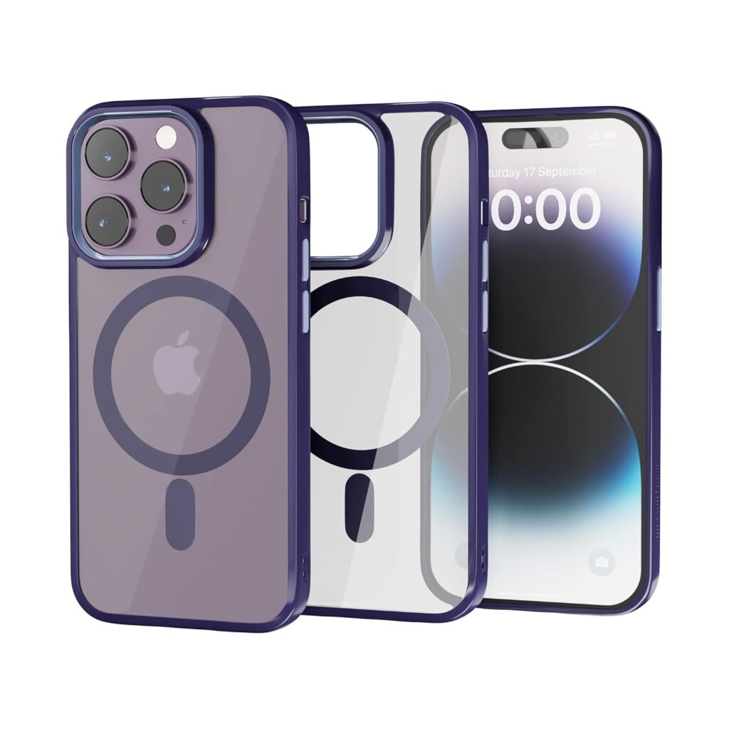 amazon basics iPhone 14 Pro Case, Compatible with MagSafe, Scratch-Resistant, Thin and Slim, Classic Shockproof Military-Grade Protection, TPU, Magnetic Back Cover, Clear Purple