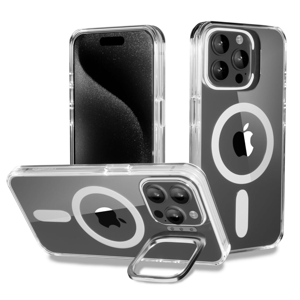 amazon basics iPhone 15 Pro Case, Compatible with MagSafe, Military-Grade Protective Case, Built-in Stash Stand Phone Case, Scratch-Resistant TPU Back Cover, Classic Series, Clear