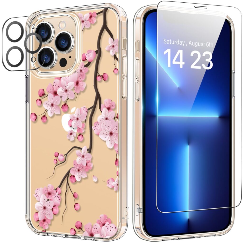 bicol for iPhone 13 Pro Max Case with Screen and Camera Lens Protector - Fashionable Flower Floral Designs for Women Girls - Shockproof Acrylic Clear Phone Cover 6.7"- Blooming Cherry