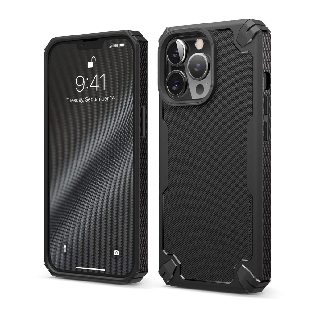 elago Premium TPU Heavy-Duty Carbon Fiber Texture Tough Rugged Design Shockproof Bumper Cover, Compatible For iPhone 13 Pro Case 6.1 inches (Black)