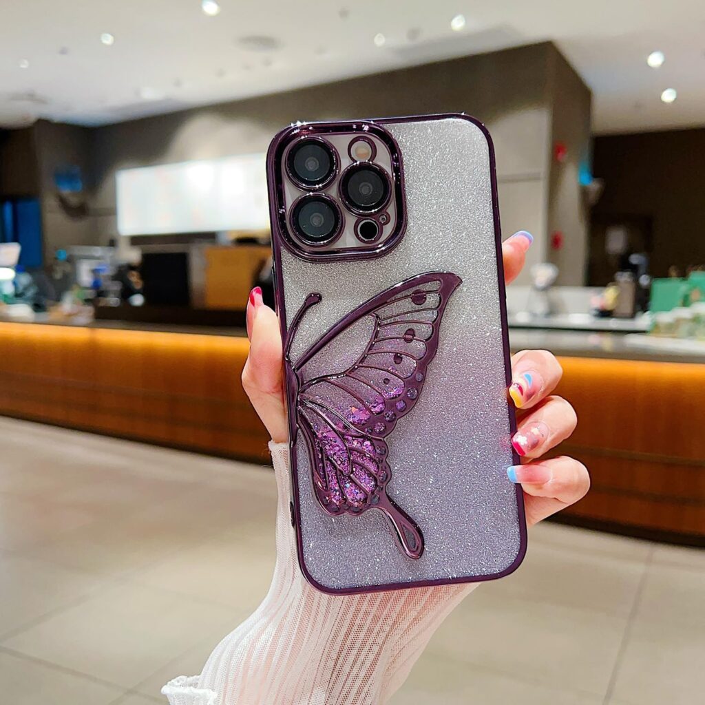 for iPhone 13 Pro Max Luxury Quicksand Glitter Butterfly Case Shinny Bling Clear Plating Soft Cover for iPhone 13 Pro Max (Purple)